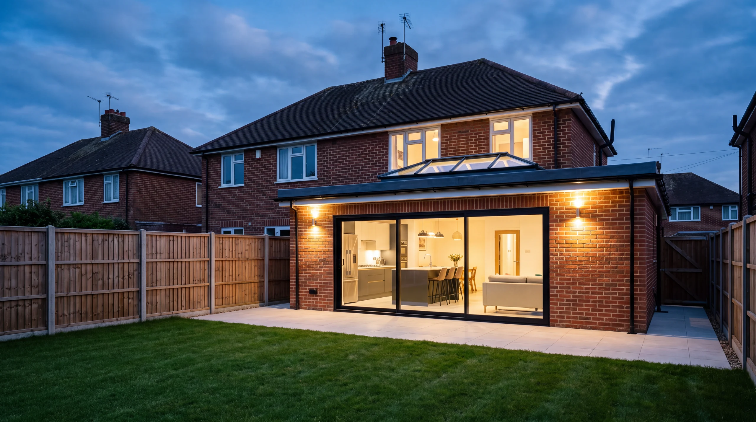 A finished rear extension at dusk, lights glowing through wide glass doors and a roof lantern