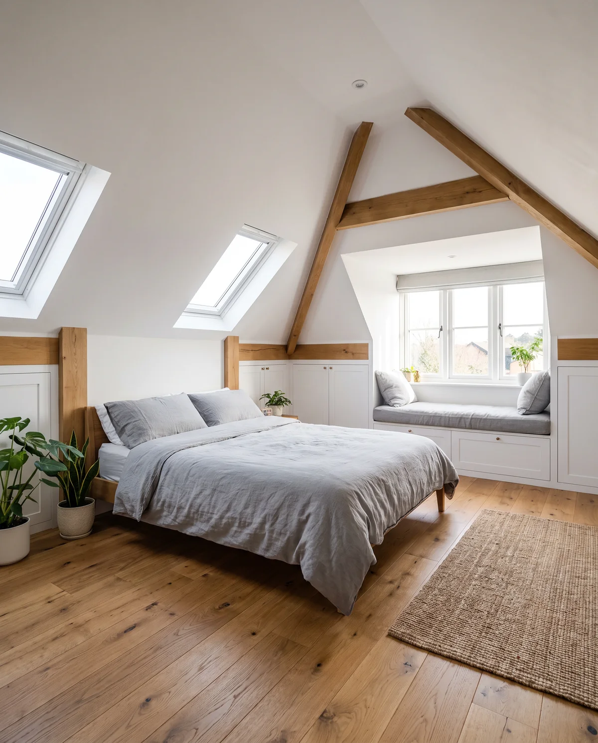 A loft bedroom with two roof windows and a dormer window seat