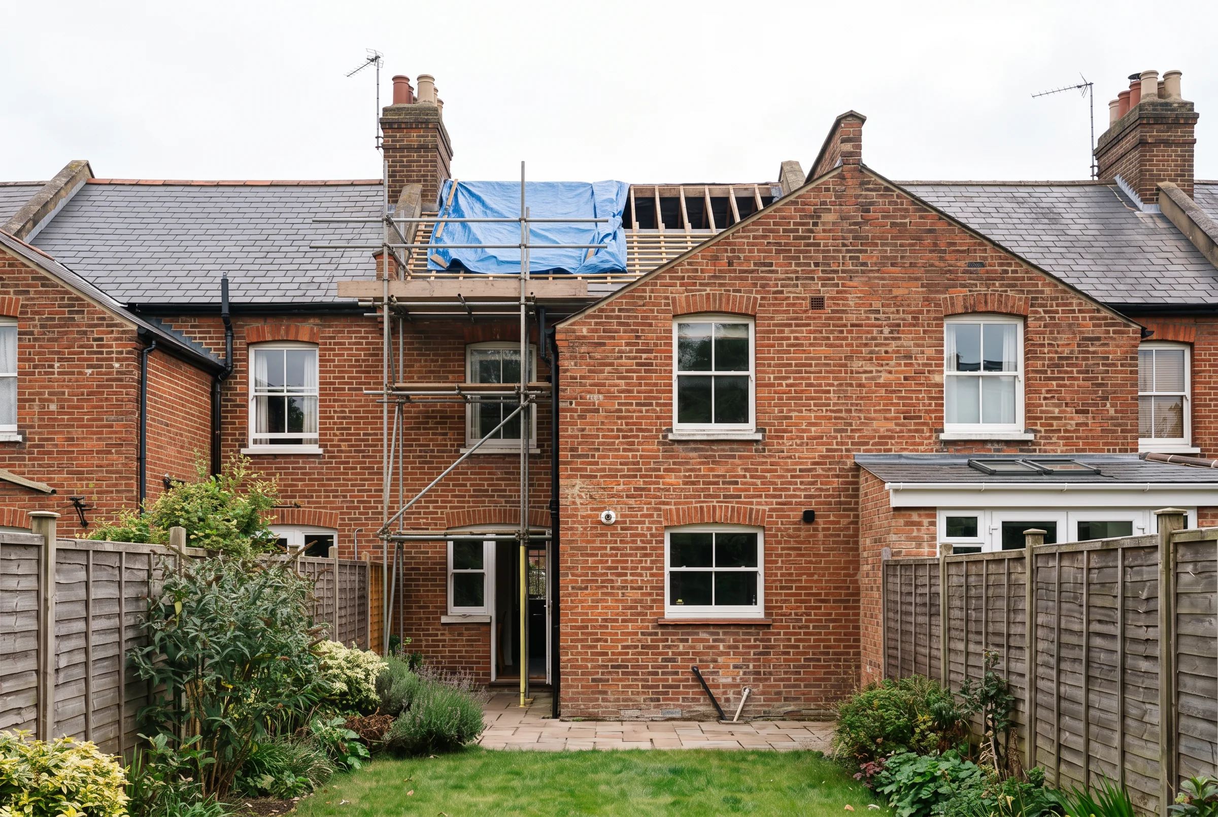 Week 1: scaffold up at the back of a Victorian terrace and the roof stripped under a cover