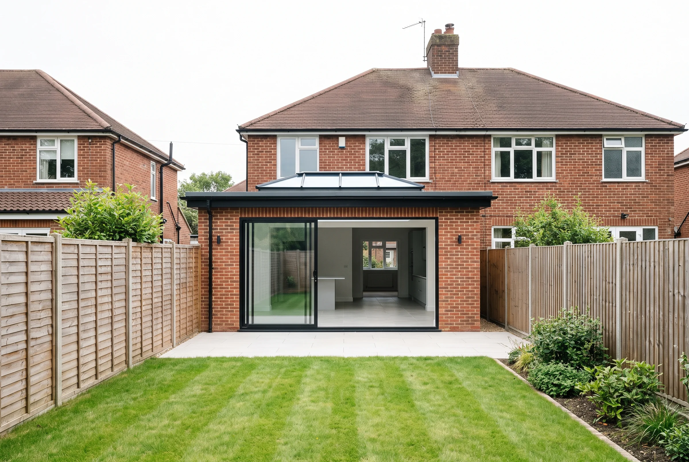 Week 14: the finished extension with glass doors, patio and new lawn